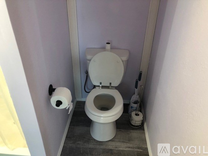 A white toilet in a small bathroom with a roll of toilet paper on the wall.