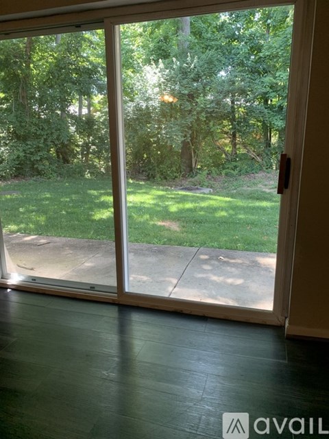 A sliding glass door with a view of a green lawn and trees.