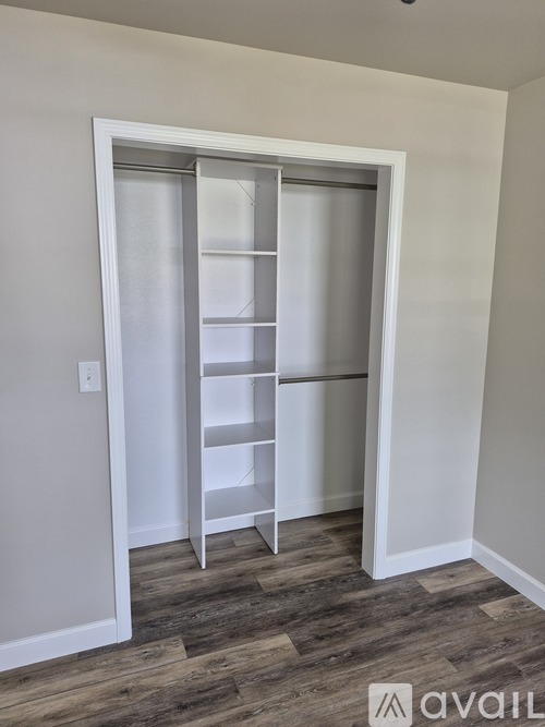 A white closet with shelves and a door is in the corner of a room.
