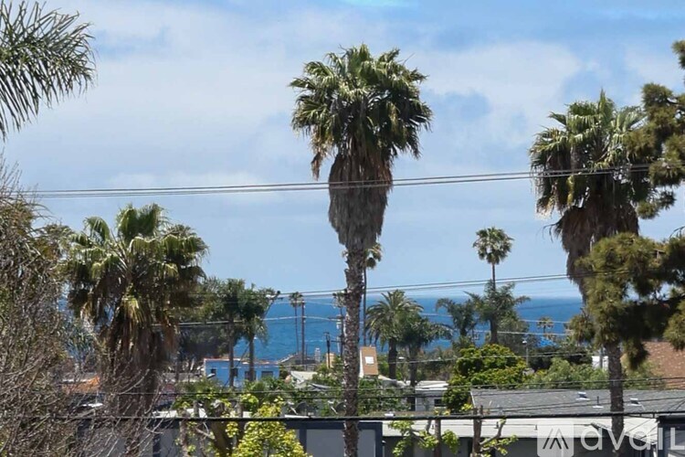 Palm trees are seen in the foreground with a clear blue sky and a hint of the ocean in the distance.