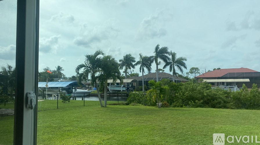 A view of a grassy area with palm trees and buildings in the distance.