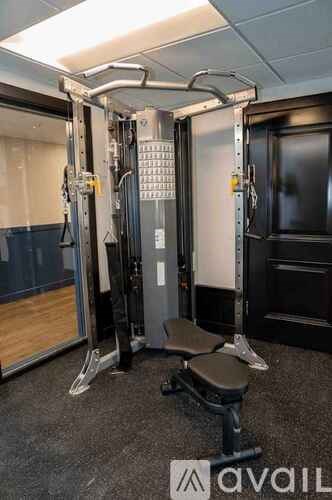 A gym with a squat rack, bench, and weights.