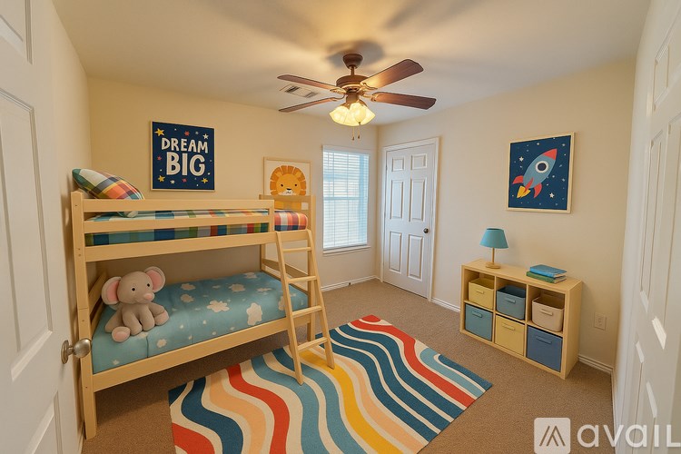 A child's bedroom with a bunk bed and a colorful rug.