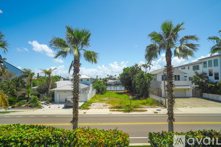 Two palm trees stand in front of a row of houses.