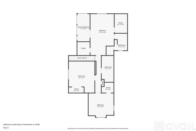 A floor plan for a condo with 2 bedrooms and 2 bathrooms.