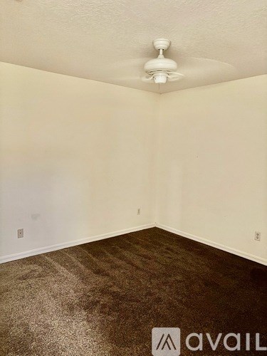 A room with a carpeted floor and a ceiling fan.