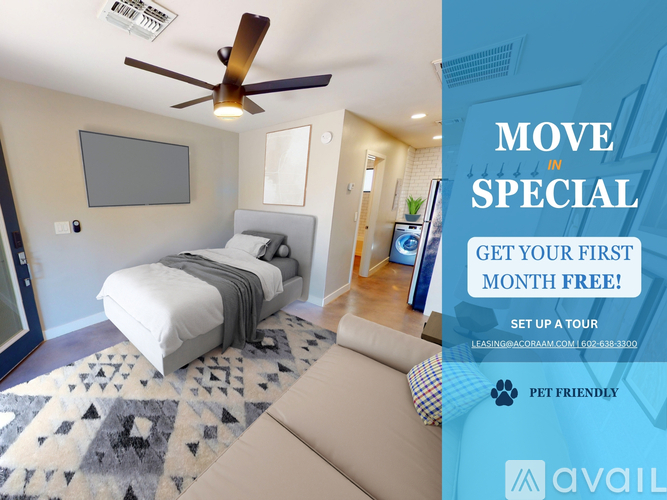 A room with a bed, a ceiling fan, and a rug is on display for a move-in special.