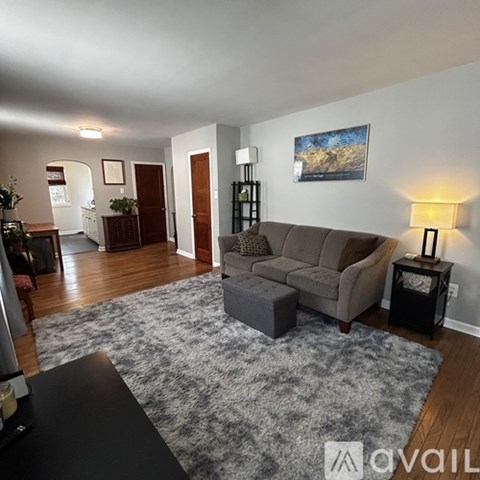 A living room with a grey couch and a grey rug.