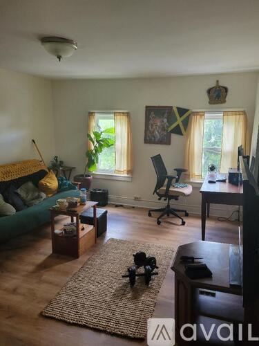A living room with a couch, chair, and a rug on the floor.