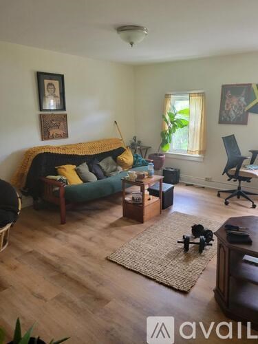 A living room with a couch, chair, and a rug.