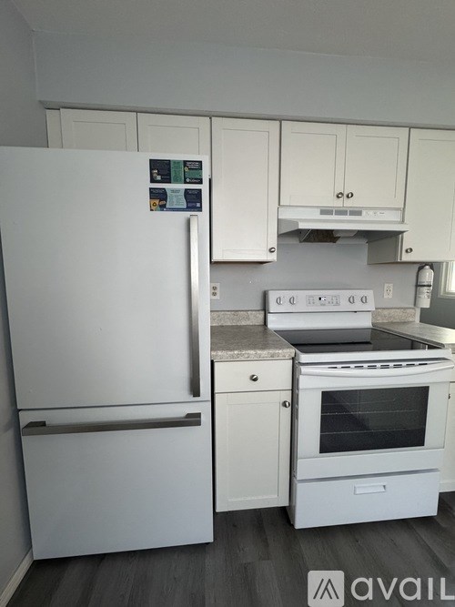 A white fridge and oven in a kitchen.