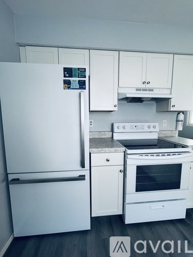 A white cabinet with a plant on top and a lamp on the side.