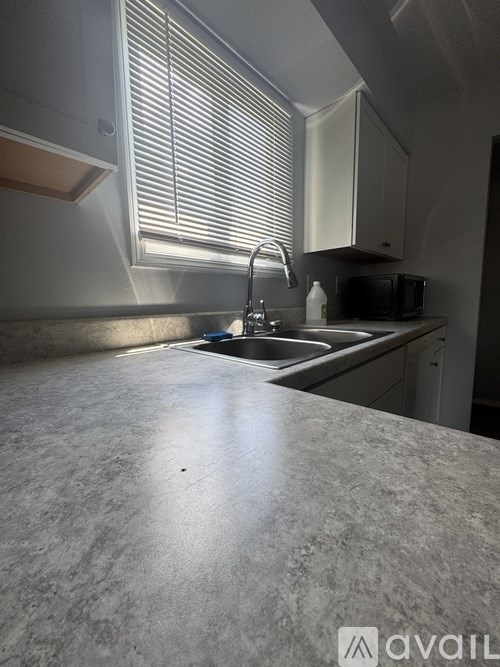 A kitchen with a sink and a window with blinds.
