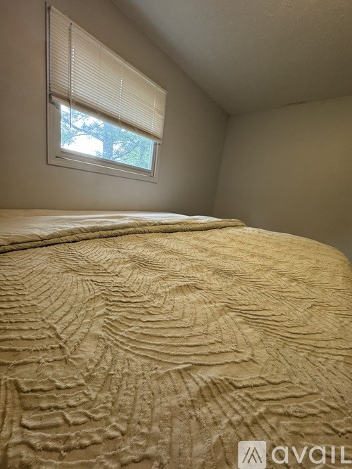 A bed with a textured cover is in a room with a window.