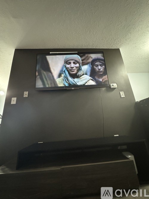 A television screen shows two people, one with a blurred face.