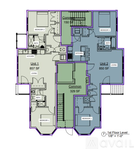 A floor plan of an apartment complex with two units, each with two bedrooms and a common area.