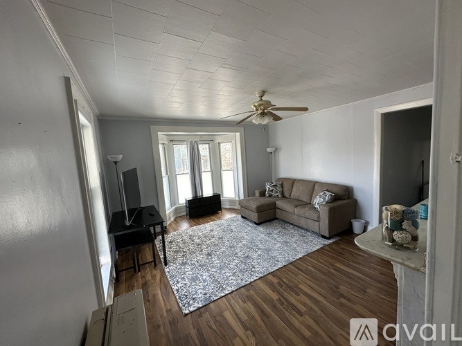 A living room with a couch, chair, and rug.