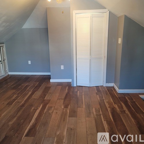 A room with wooden flooring and a white closet door.