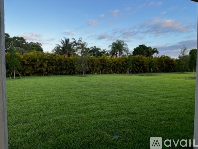 A grassy field with trees in the distance and a clear sky.