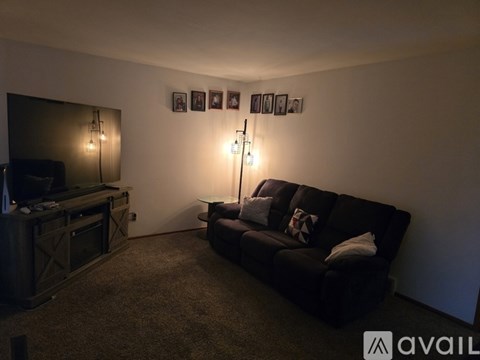 A living room with a black couch and a television.