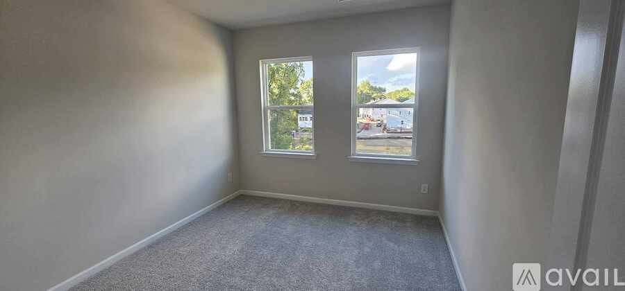 A room with two windows and a carpeted floor.