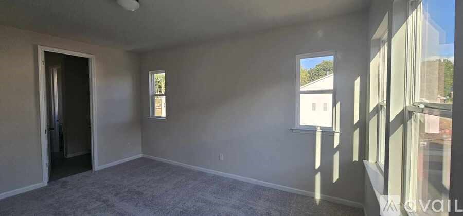 A room with a carpeted floor and two windows.