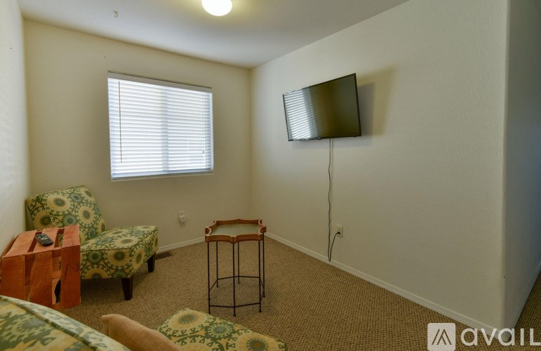 A living room with a sofa, chair, and television.