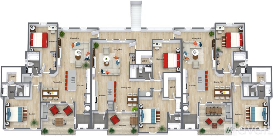 A floor plan of a multi-story residential building with various rooms and corridors.