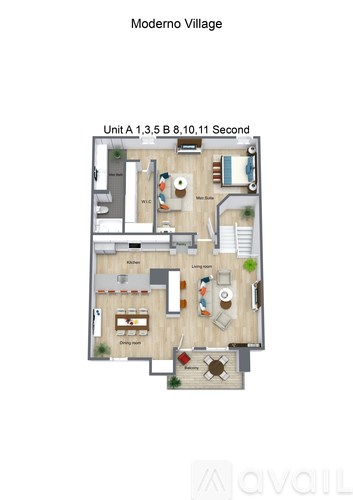 A floor plan of a unit in Moderno Village with labeled rooms.