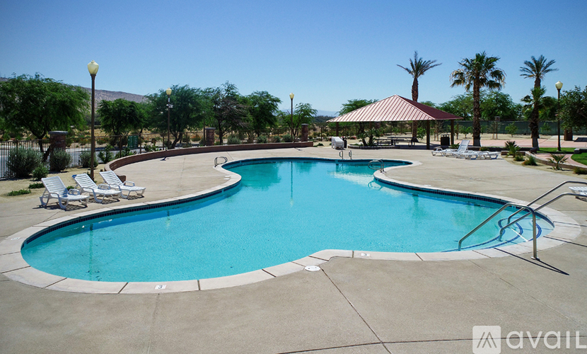 A large outdoor swimming pool surrounded by palm trees and lounge chairs.