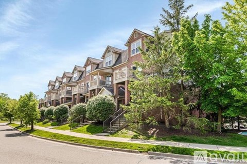 A row of townhouses with green trees in front.