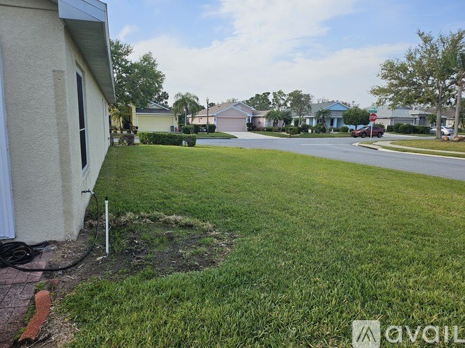 A grassy area in front of a house with a hose and a pole.
