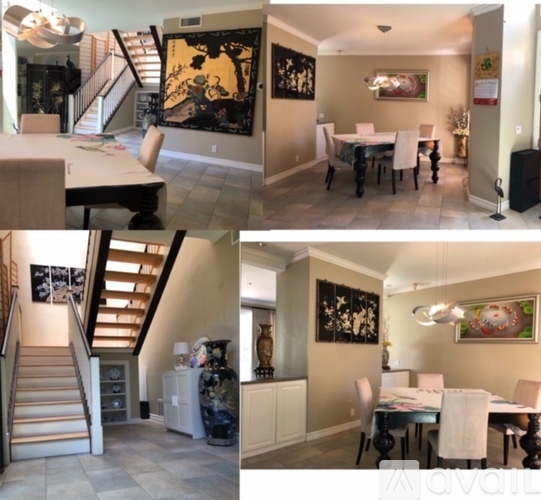 A collage of four images showing a dining area, living room, kitchen, and staircase.