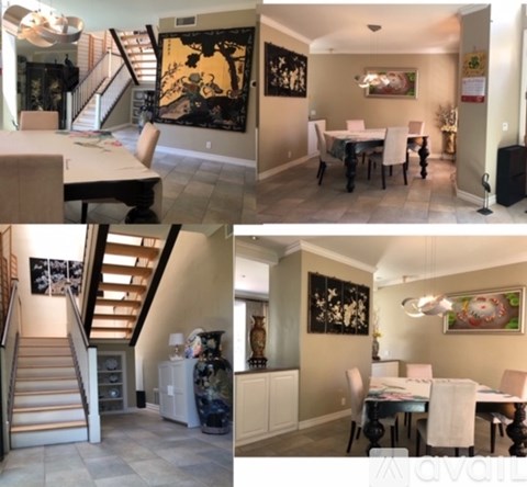 A collage of four images showing a dining area, living room, kitchen, and staircase.