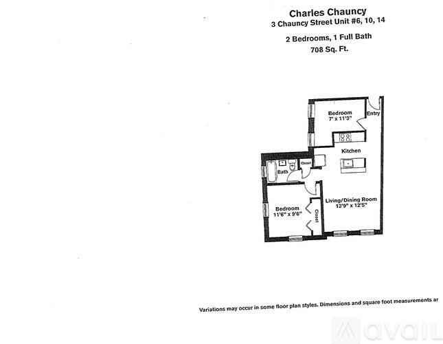 A floor plan for Charles Chauncy's 3 Chauancy Street Unit #6, 10, 14 showing 2 bedrooms, 1 full bath and a total area of 708 Sq. F