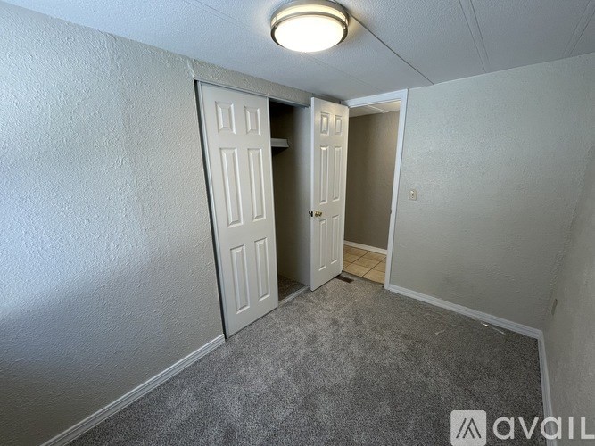 A room with a carpeted floor, two doors, and a ceiling light.