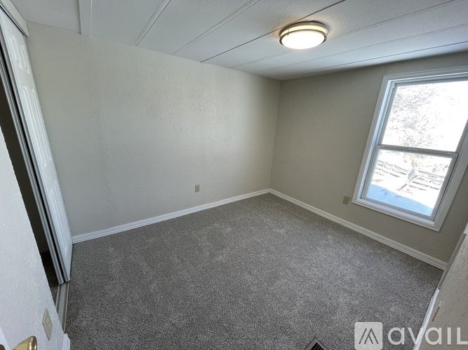 A room with a carpeted floor and a window showing a snowy scene outside.