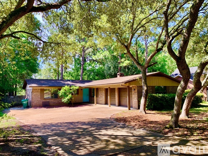 A house with a driveway and trees in front of it.