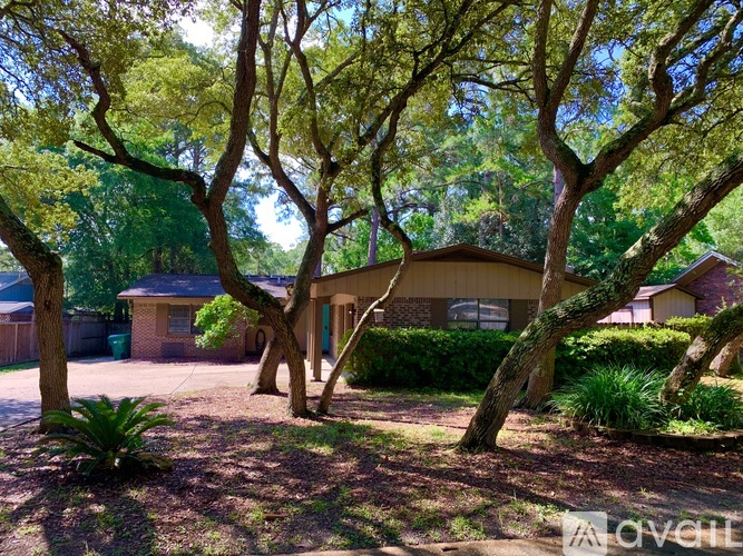 A house is surrounded by trees and bushes.