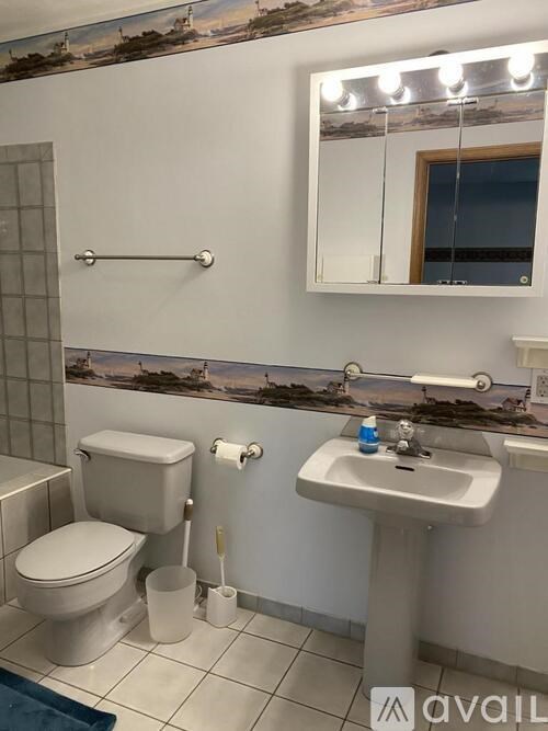 A bathroom with a toilet, sink, and mirror.