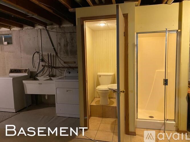 A basement bathroom with a toilet, sink, and shower.