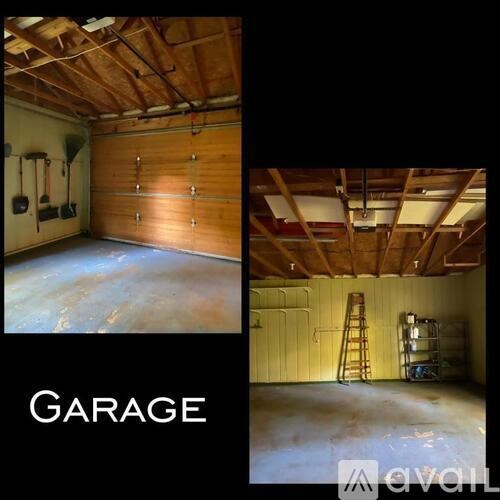 A garage with a wooden door and a ladder.