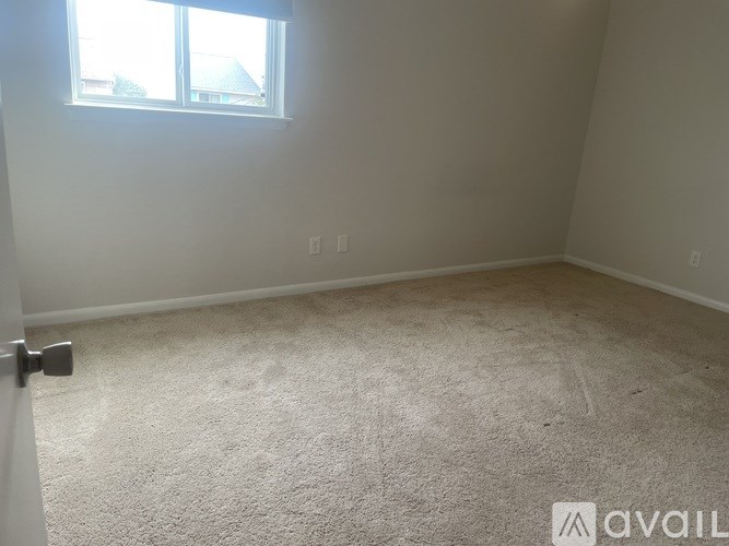 A room with a carpeted floor and a window letting in light.