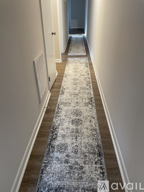 A hallway with a rug on the floor and a radiator on the wall.