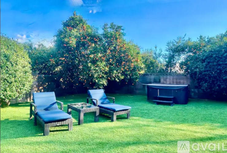 A garden with a hot tub and chairs.