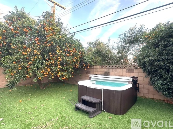 A backyard with a pool and a tree full of oranges.