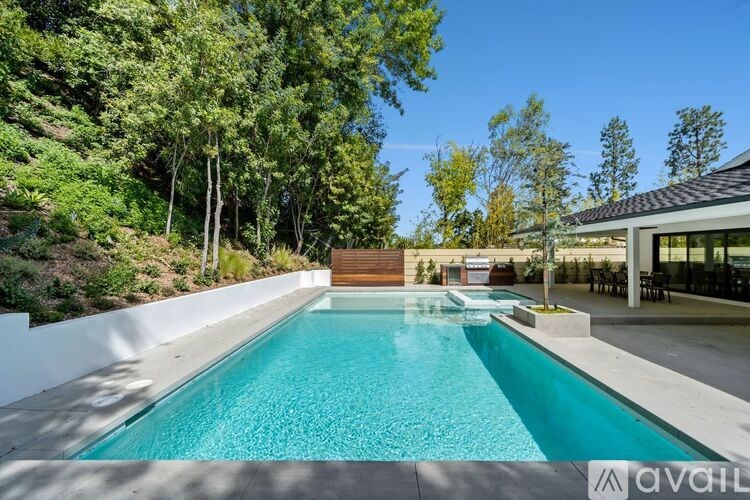 A long rectangular pool with a white wall on one side.
