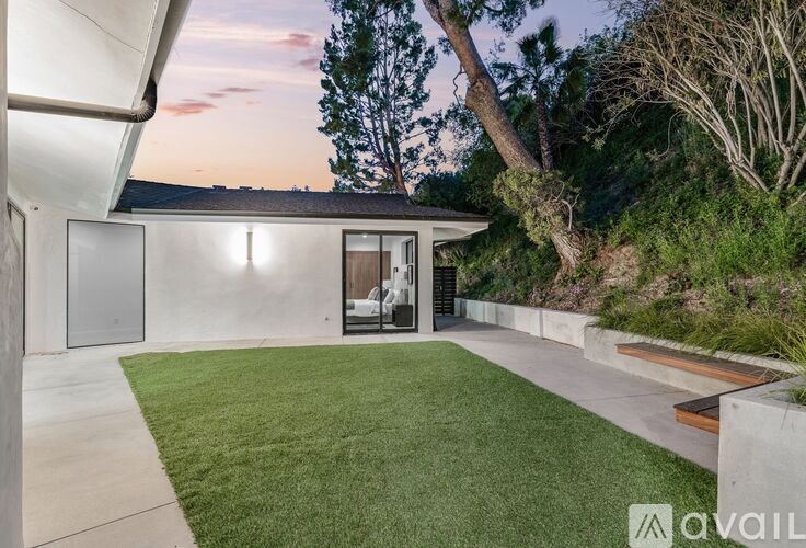 A modern house with a large backyard and a tree.