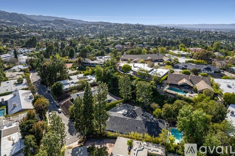 A bird's eye view of a neighborhood with houses and trees.