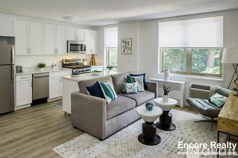 A well-lit, modern kitchen and living room with a grey couch and a coffee table.